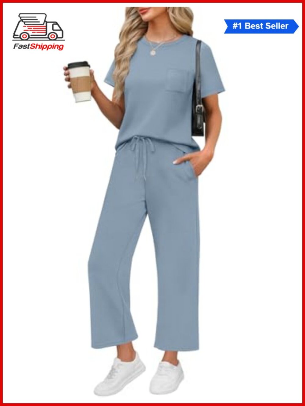 ✨ WIHOLL 2 Piece Set Women Casual Summer Travel Vacation Short Sleeve Wide Leg